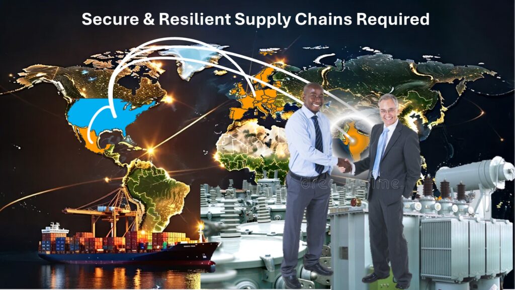 Global supply chain network with large power transformers, businessmen in partnership, and a digital control center displaying real-time supply chain data and analytics. Represents resilient supply chain management for electrical infrastructure.